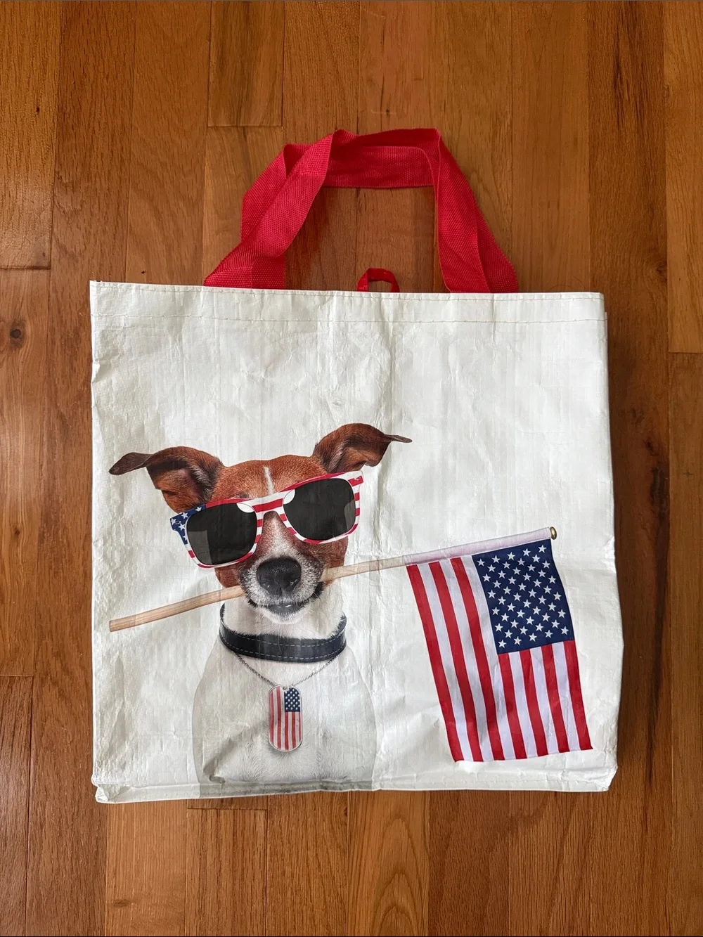 Big Y 4th of July Patriotic Dog Tote Bag with Red Handles